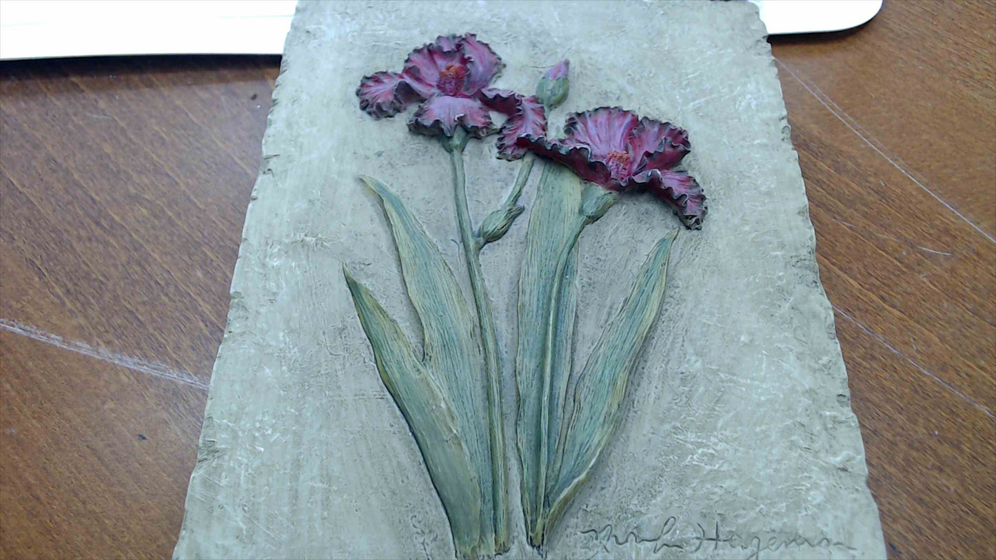 Signed Hageman Relief-Sculpted Iris Wall Plaque — Hand-Painted Cast Stone, Wrought Iron Scroll Frame, 11"