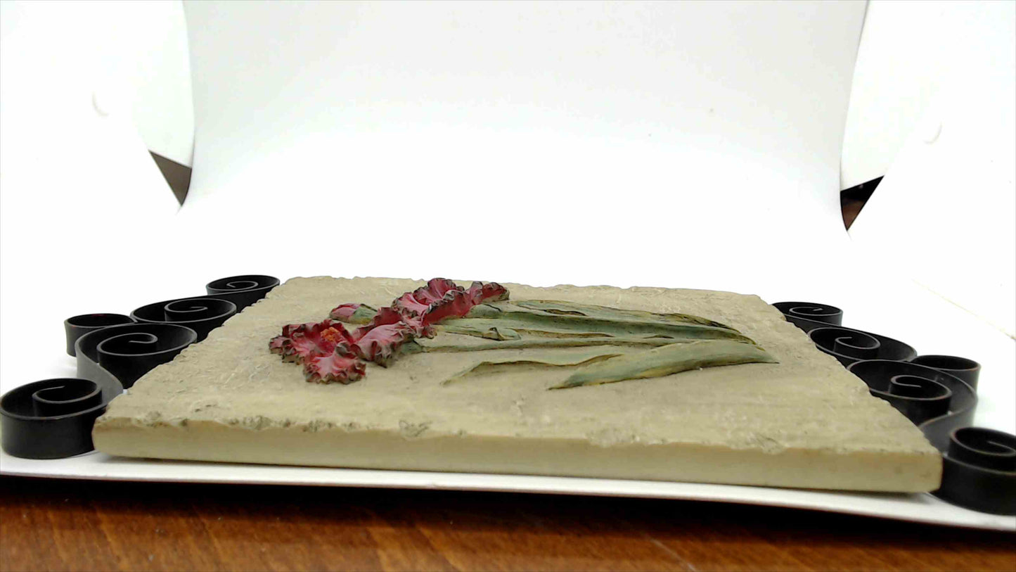 Signed Hageman Relief-Sculpted Iris Wall Plaque — Hand-Painted Cast Stone, Wrought Iron Scroll Frame, 11"