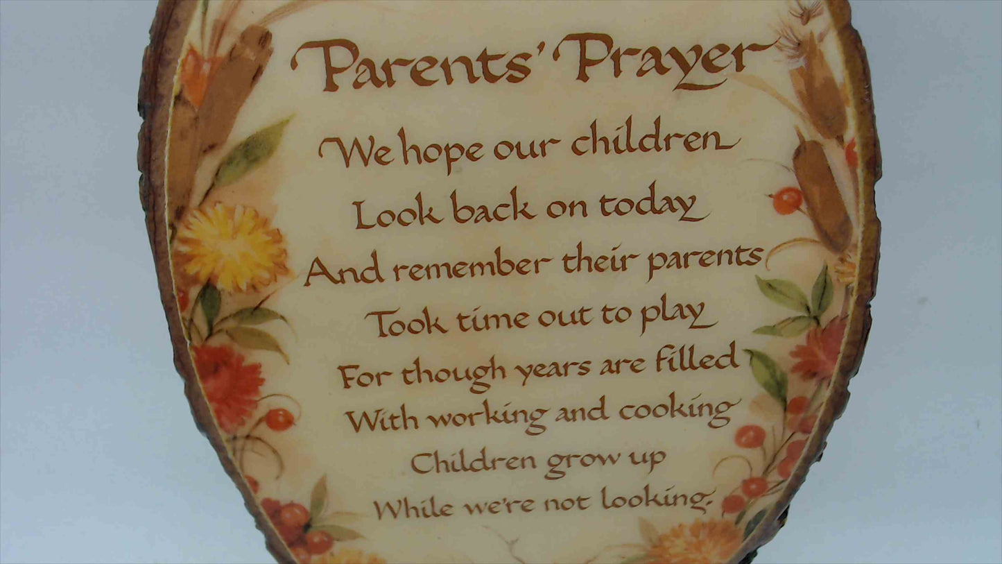 Lapp's Woodcraft "Parents' Prayer" Live-Edge Wood Slice Plaque — Decoupage Floral, Kinzer PA, 8"