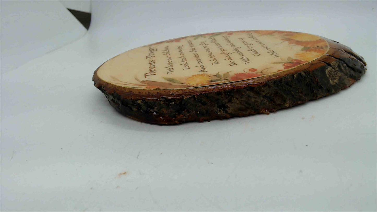 Lapp's Woodcraft "Parents' Prayer" Live-Edge Wood Slice Plaque — Decoupage Floral, Kinzer PA, 8"