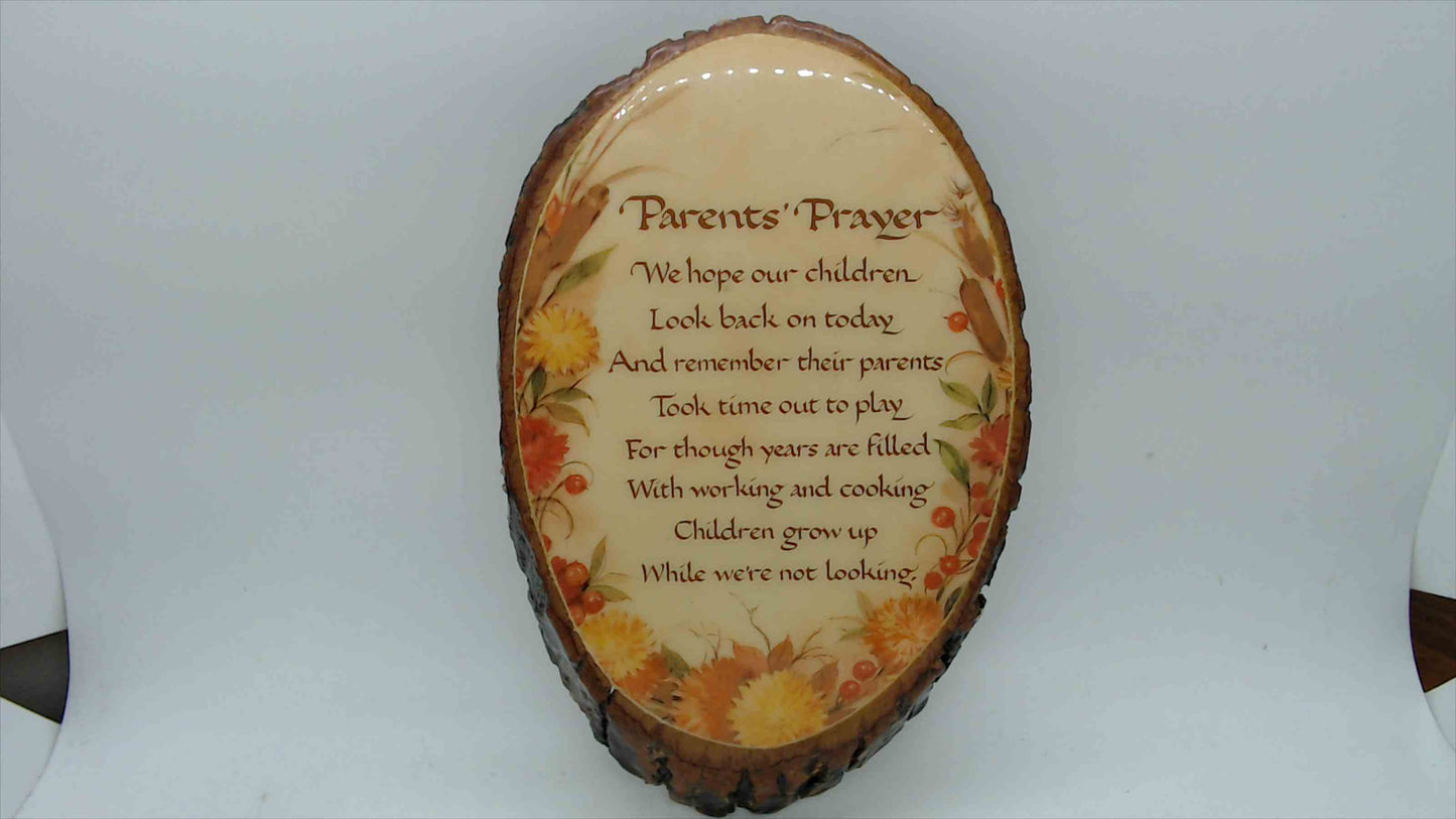 Lapp's Woodcraft "Parents' Prayer" Live-Edge Wood Slice Plaque — Decoupage Floral, Kinzer PA, 8"