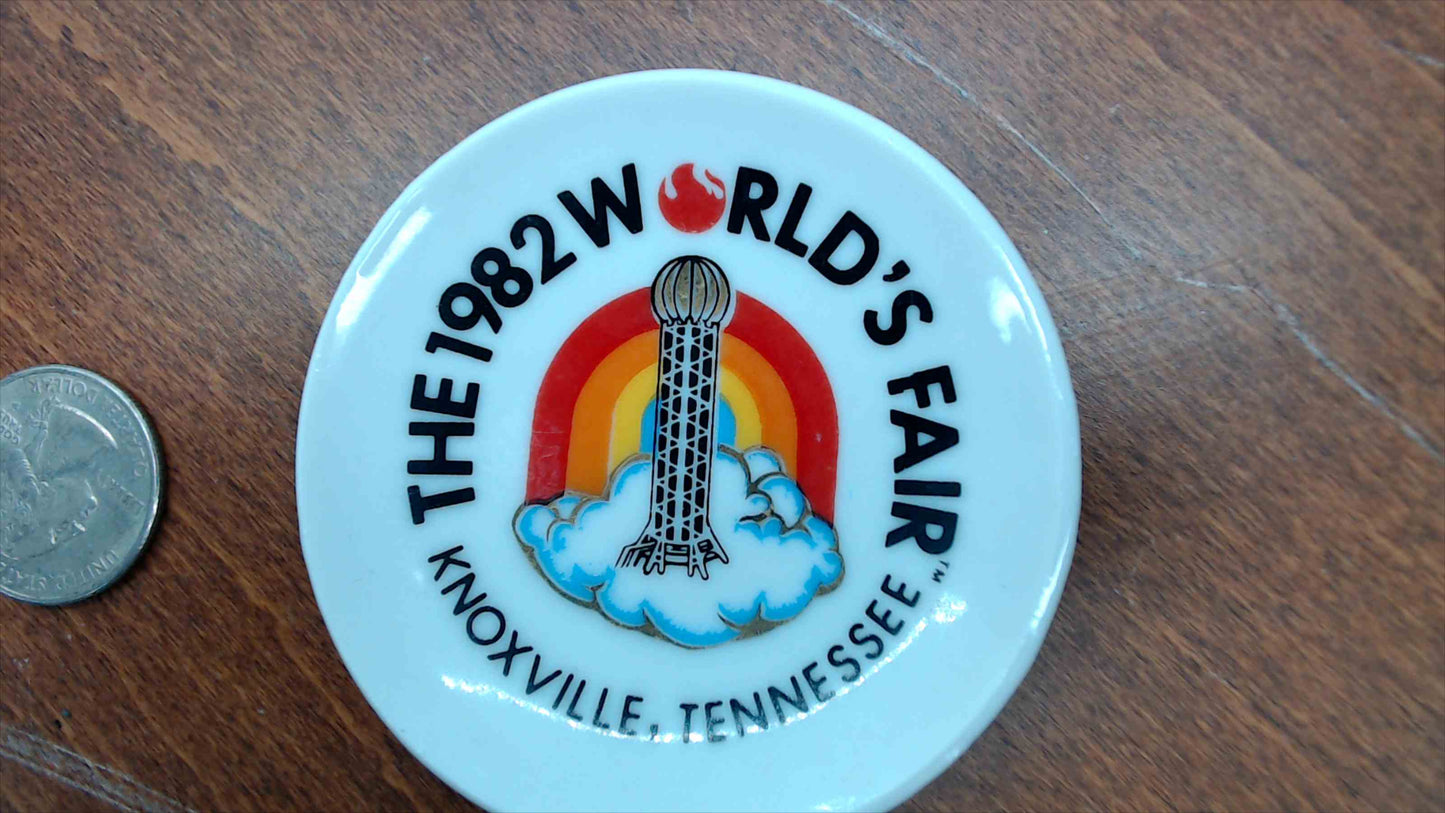 1982 World's Fair Knoxville Tennessee Souvenir Mini Ceramic Dish — Sunsphere & Rainbow Logo, 2.5"