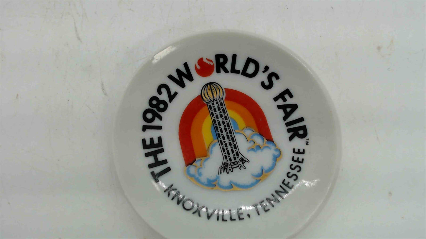 1982 World's Fair Knoxville Tennessee Souvenir Mini Ceramic Dish — Sunsphere & Rainbow Logo, 2.5"