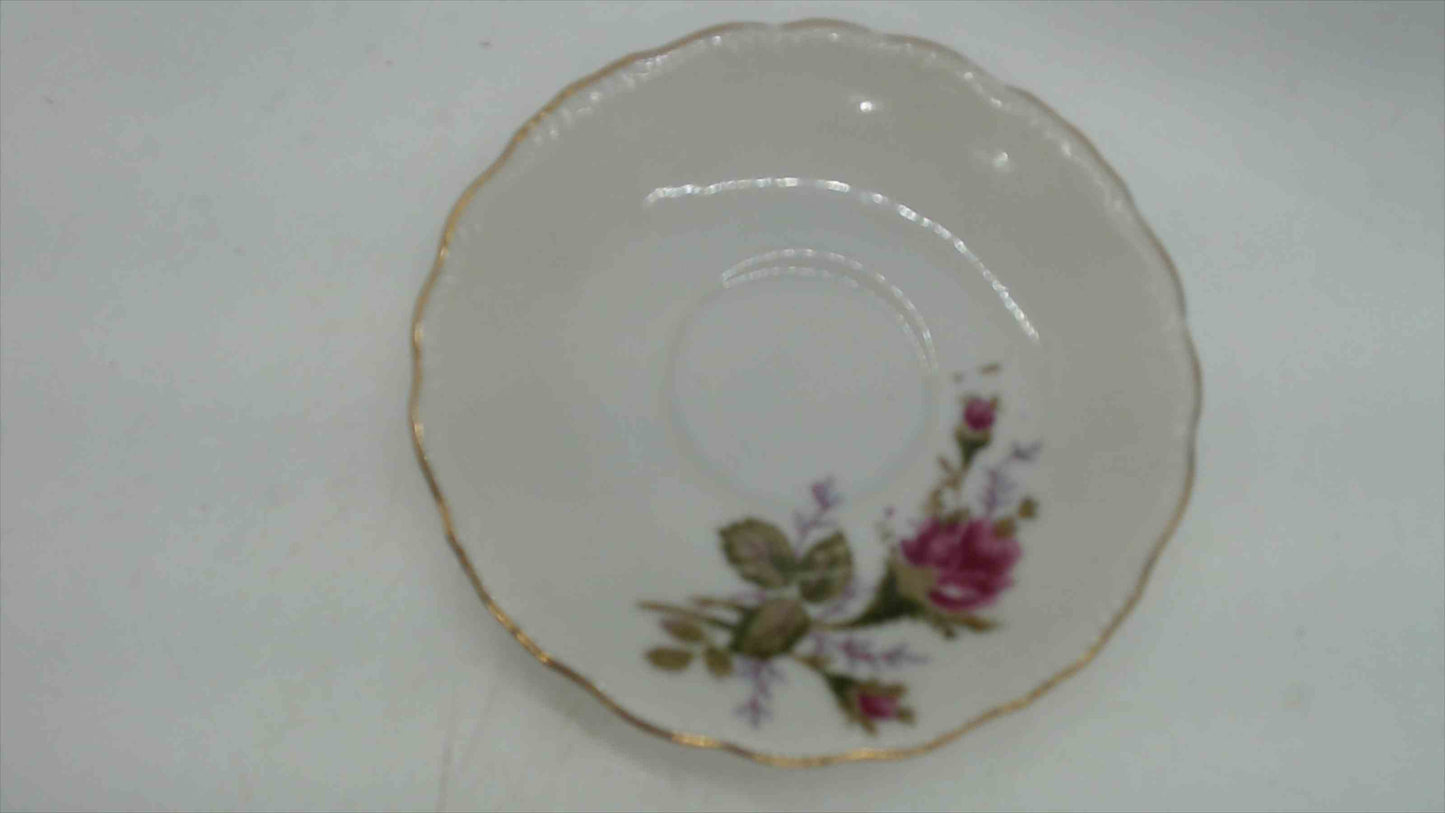 Vintage Japanese Porcelain Rose Bouquet Saucer Dish — Scalloped Edge, Gold Rim, Japan, 4.5"