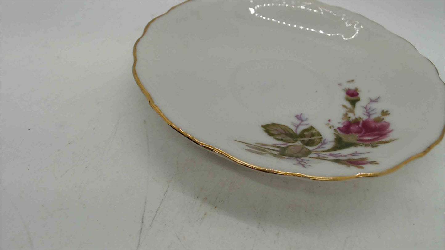 Vintage Japanese Porcelain Rose Bouquet Saucer Dish — Scalloped Edge, Gold Rim, Japan, 4.5"