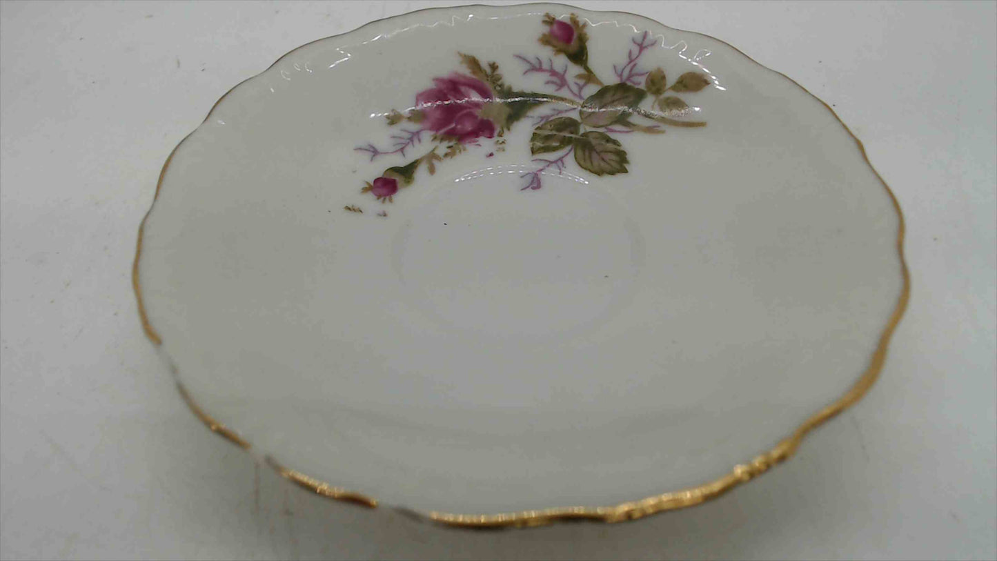 Vintage Japanese Porcelain Rose Bouquet Saucer Dish — Scalloped Edge, Gold Rim, Japan, 4.5"