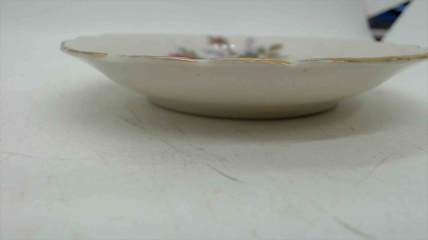 Vintage Japanese Porcelain Rose Bouquet Saucer Dish — Scalloped Edge, Gold Rim, Japan, 4.5"