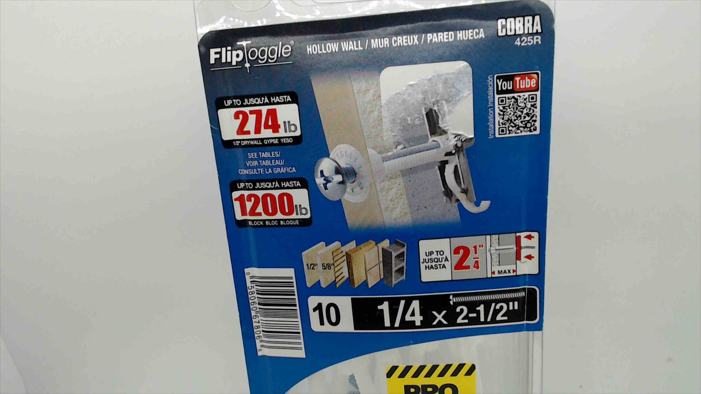 Cobra FlipToggle Hollow Wall Anchors 1/4" x 2-1/2" — 10-Pack, Unopened (Model 425R)