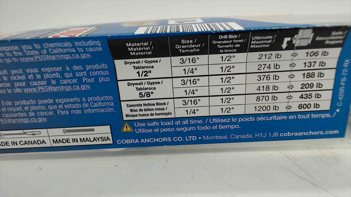 Cobra FlipToggle Hollow Wall Anchors 1/4" x 2-1/2" — 10-Pack, Unopened (Model 425R)
