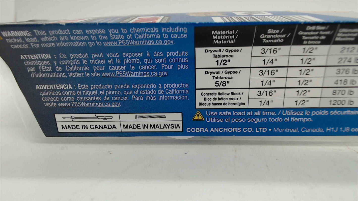 Cobra FlipToggle Hollow Wall Anchors 1/4" x 2-1/2" — 10-Pack, Unopened (Model 425R)