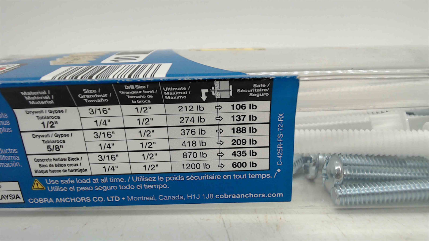 Cobra FlipToggle Hollow Wall Anchors 1/4" x 2-1/2" — 10-Pack, Unopened (Model 425R)