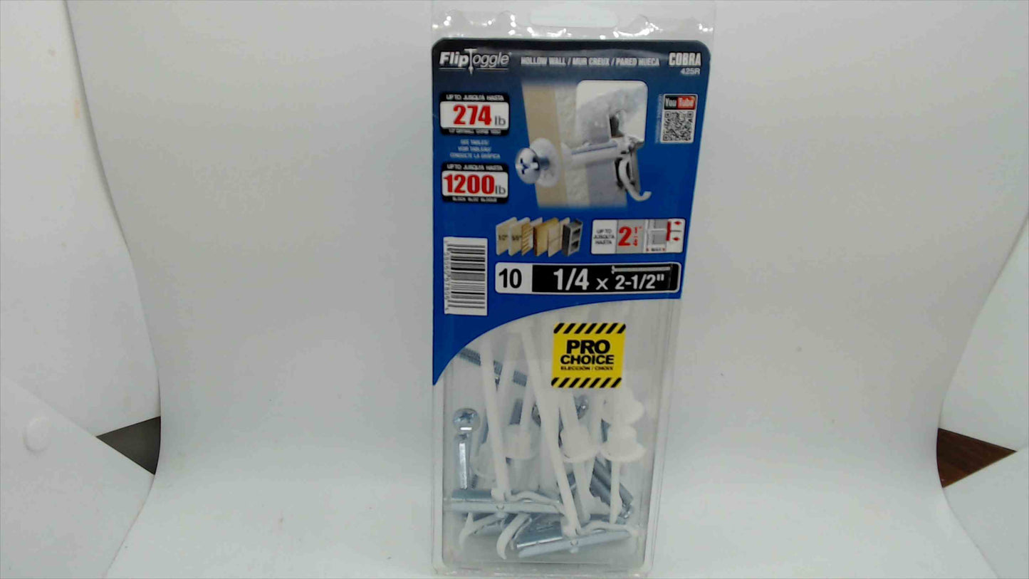 Cobra FlipToggle Hollow Wall Anchors 1/4" x 2-1/2" — 10-Pack, Unopened (Model 425R)