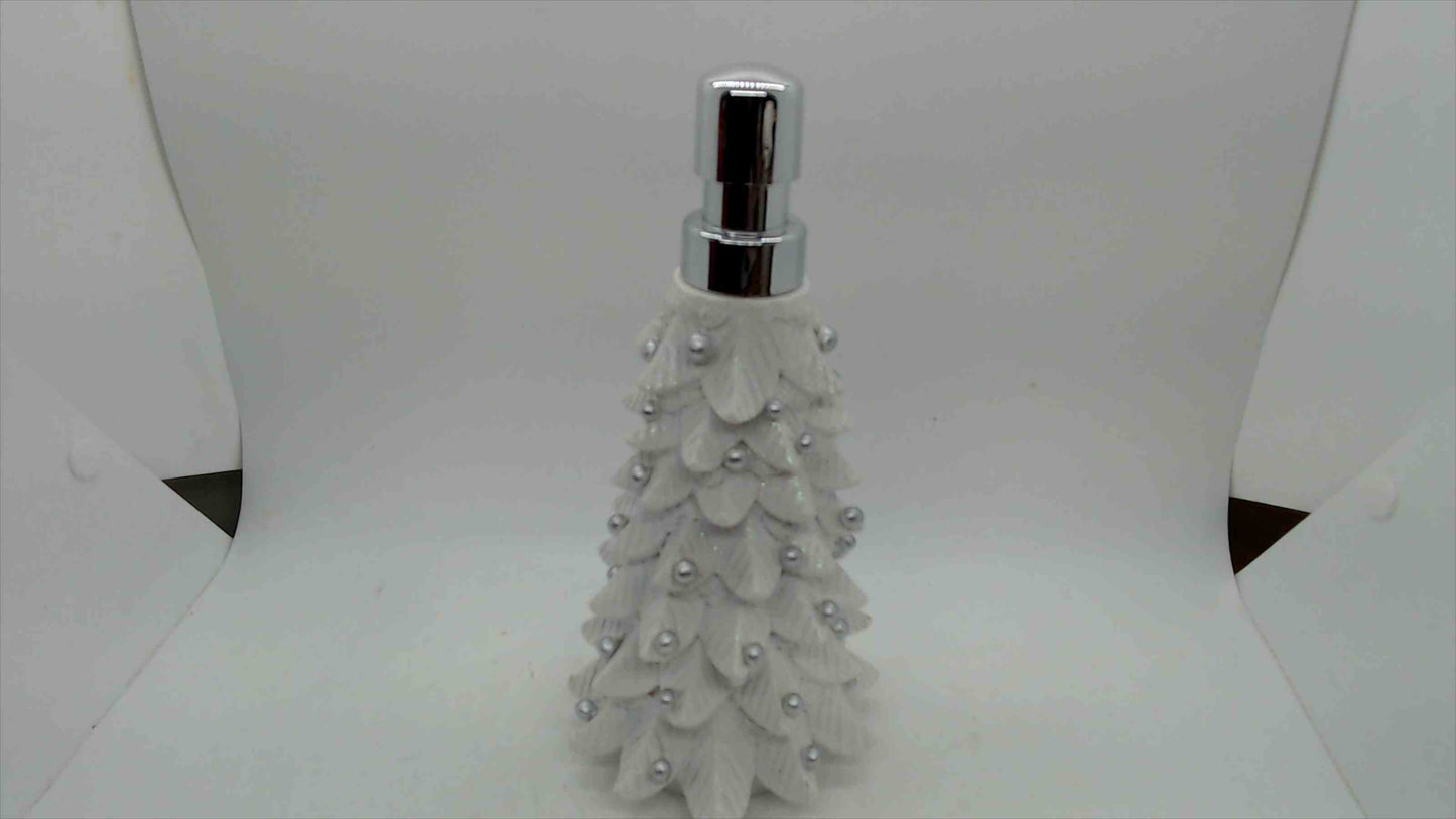 White Christmas Tree Soap & Lotion Dispenser with Pearl Accents — 8.5" Tall, Holiday Bath Décor