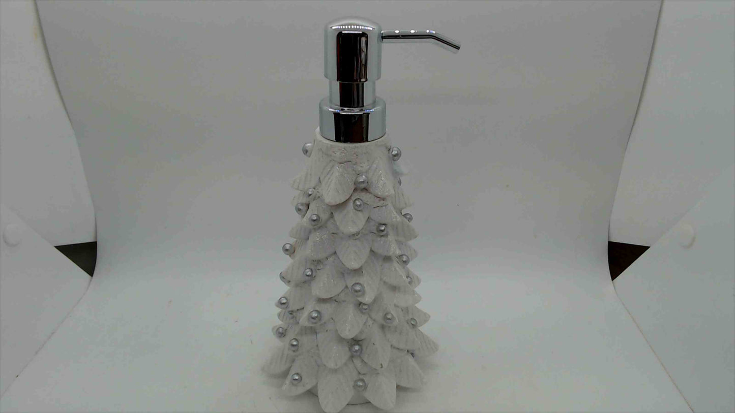 White Christmas Tree Soap & Lotion Dispenser with Pearl Accents — 8.5" Tall, Holiday Bath Décor