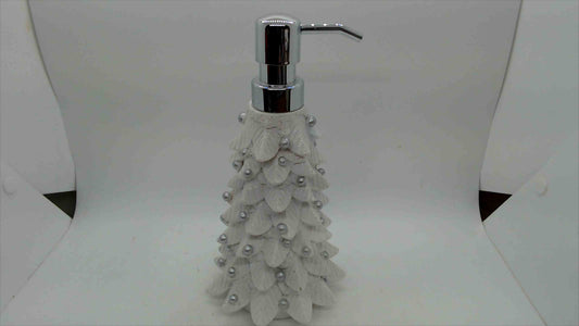 White Christmas Tree Soap & Lotion Dispenser with Pearl Accents — 8.5" Tall, Holiday Bath Décor