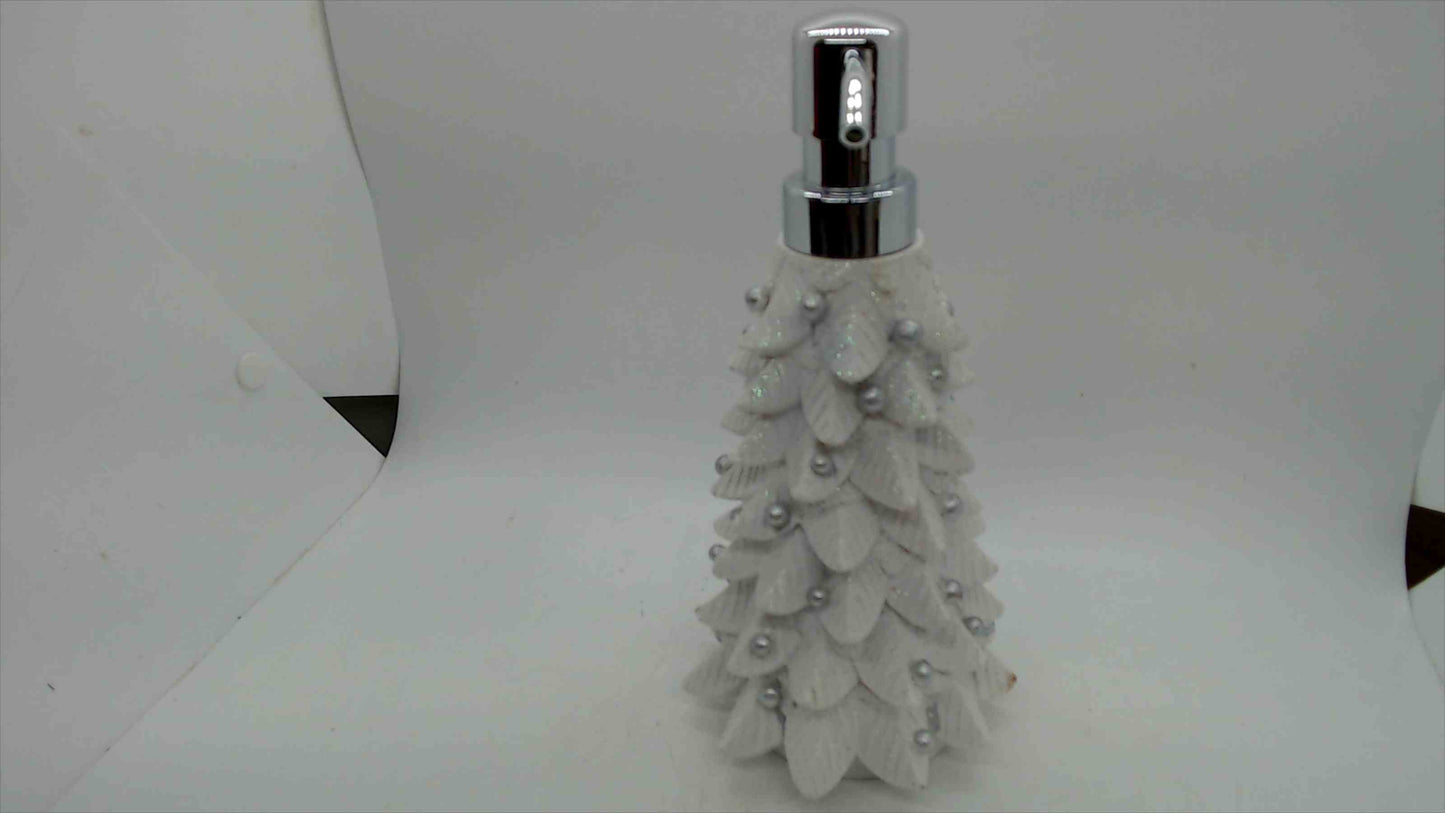 White Christmas Tree Soap & Lotion Dispenser with Pearl Accents — 8.5" Tall, Holiday Bath Décor