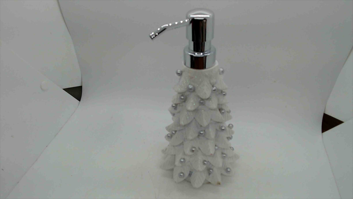 White Christmas Tree Soap & Lotion Dispenser with Pearl Accents — 8.5" Tall, Holiday Bath Décor