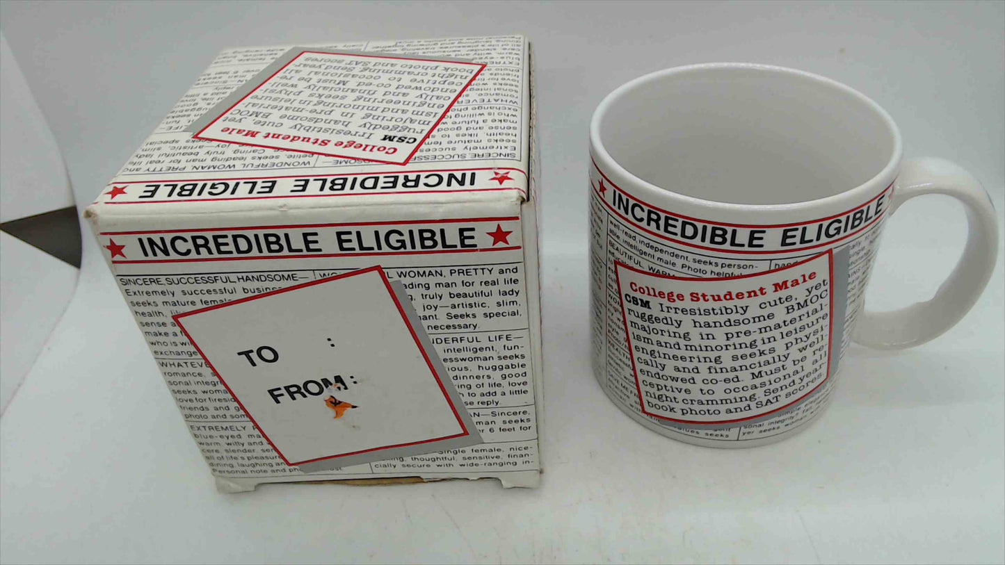 "Incredible Eligible" Novelty Coffee Mug with Original Box — Vintage Personals Ad Humor, 3.5" Tall