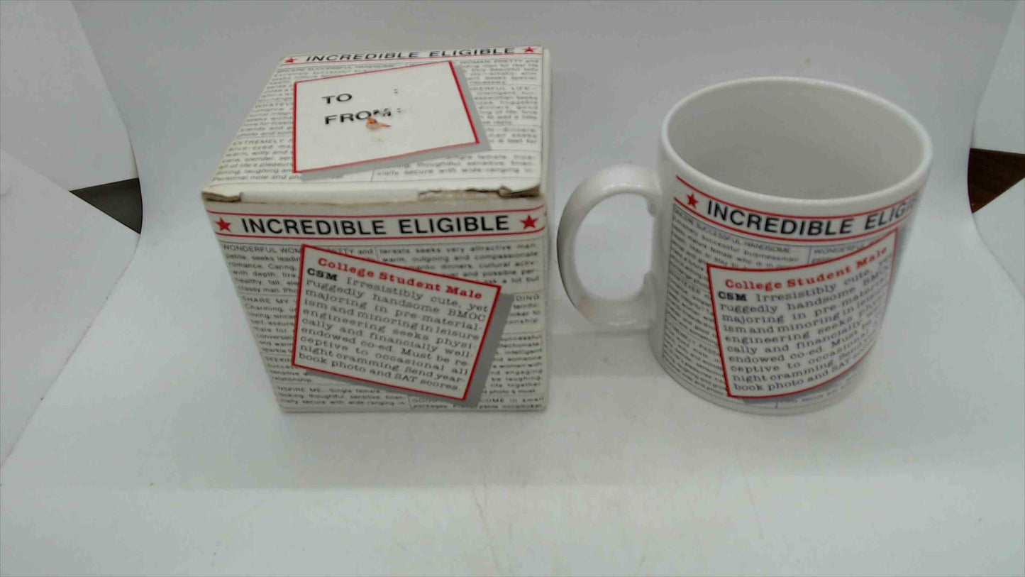 "Incredible Eligible" Novelty Coffee Mug with Original Box — Vintage Personals Ad Humor, 3.5" Tall