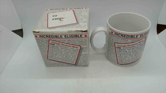"Incredible Eligible" Novelty Coffee Mug with Original Box — Vintage Personals Ad Humor, 3.5" Tall