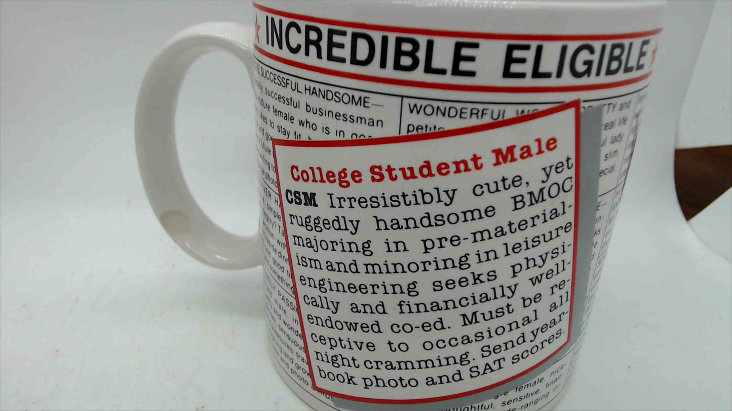 "Incredible Eligible" Novelty Coffee Mug with Original Box — Vintage Personals Ad Humor, 3.5" Tall