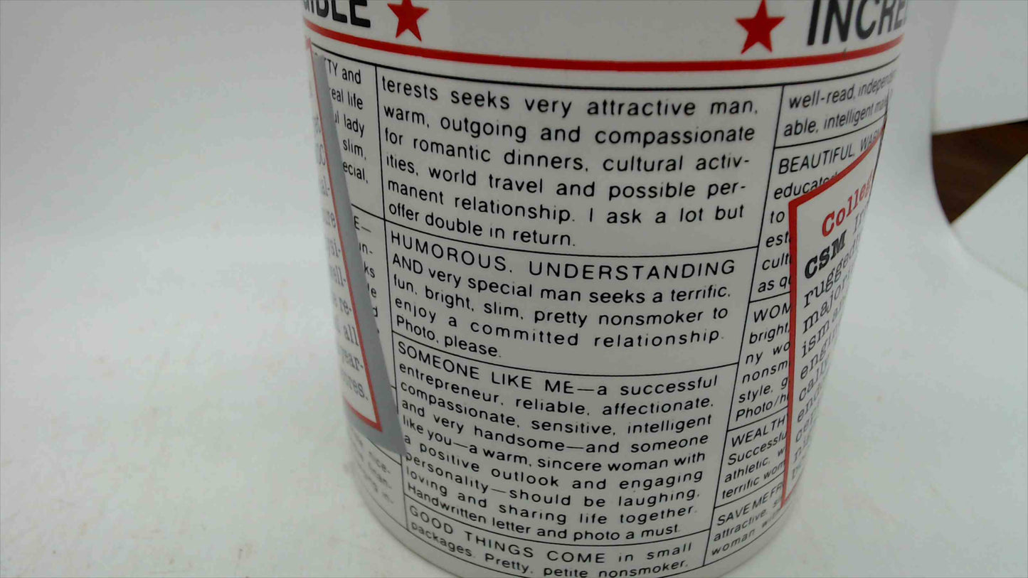 "Incredible Eligible" Novelty Coffee Mug with Original Box — Vintage Personals Ad Humor, 3.5" Tall