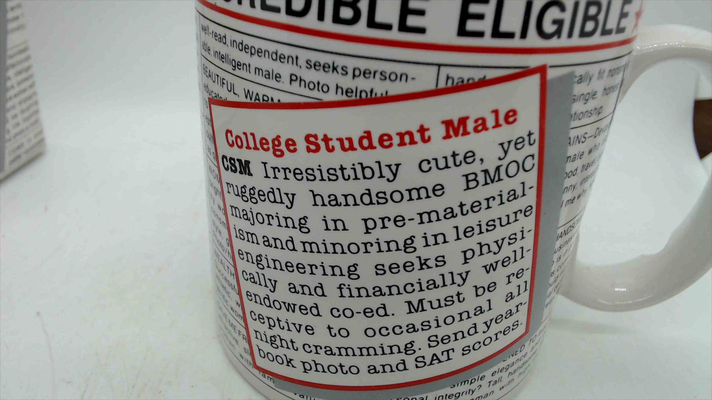 "Incredible Eligible" Novelty Coffee Mug with Original Box — Vintage Personals Ad Humor, 3.5" Tall