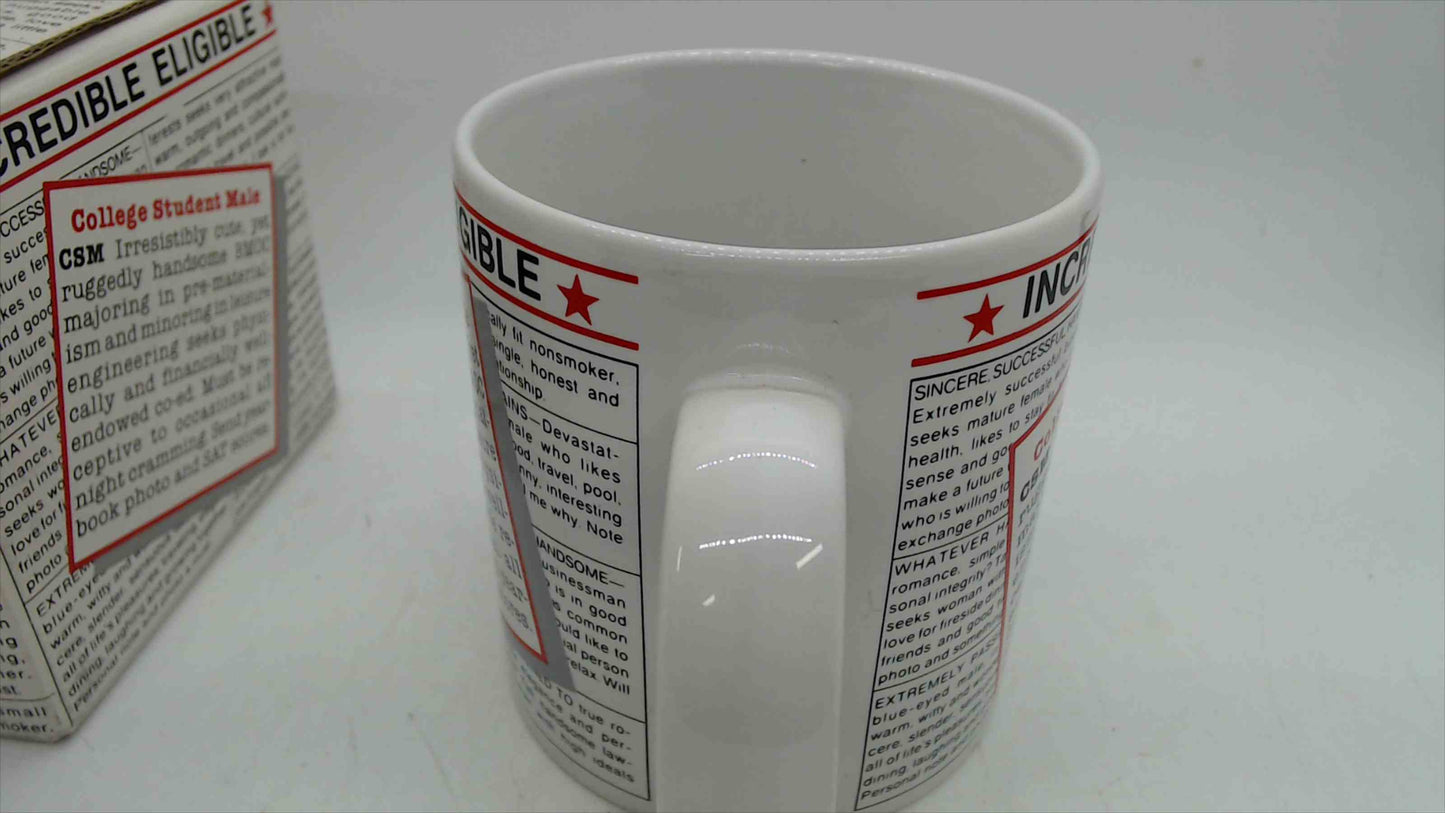 "Incredible Eligible" Novelty Coffee Mug with Original Box — Vintage Personals Ad Humor, 3.5" Tall