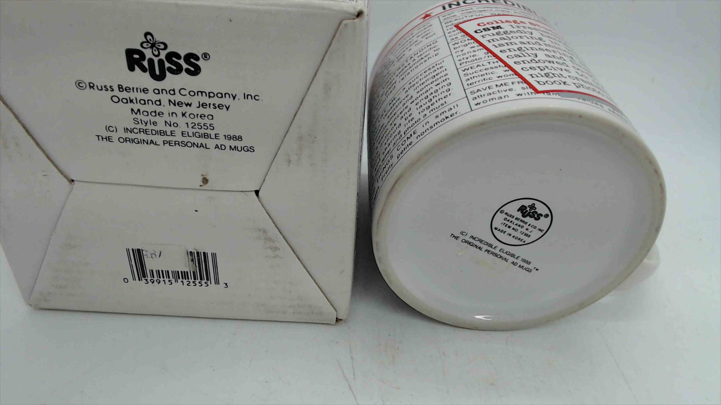 "Incredible Eligible" Novelty Coffee Mug with Original Box — Vintage Personals Ad Humor, 3.5" Tall