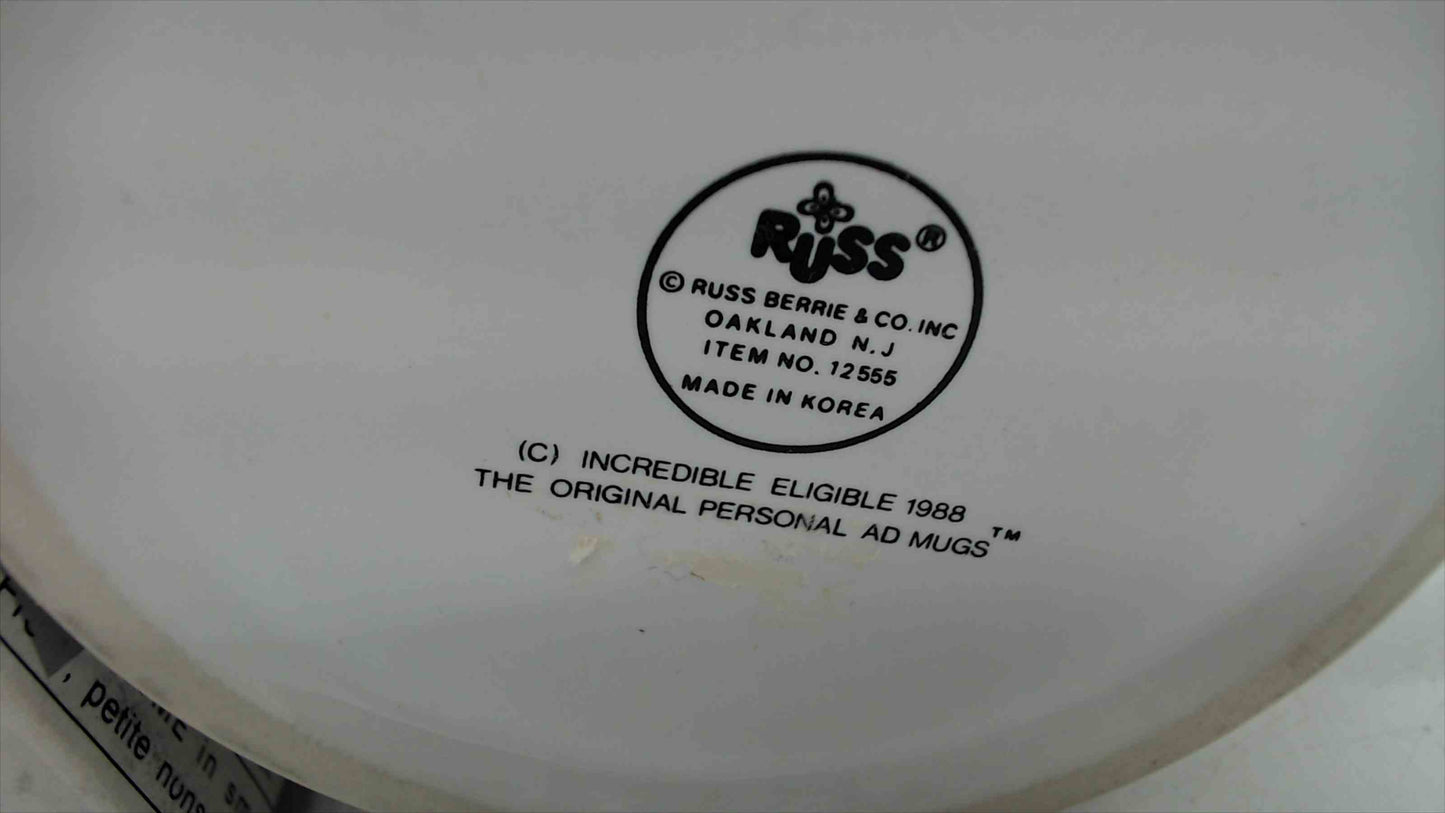 "Incredible Eligible" Novelty Coffee Mug with Original Box — Vintage Personals Ad Humor, 3.5" Tall