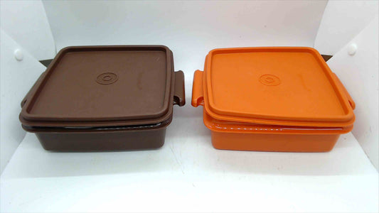 Vintage Tupperware Sandwich Keeper Lunch Containers with Lids — Set of 2, Brown & Orange