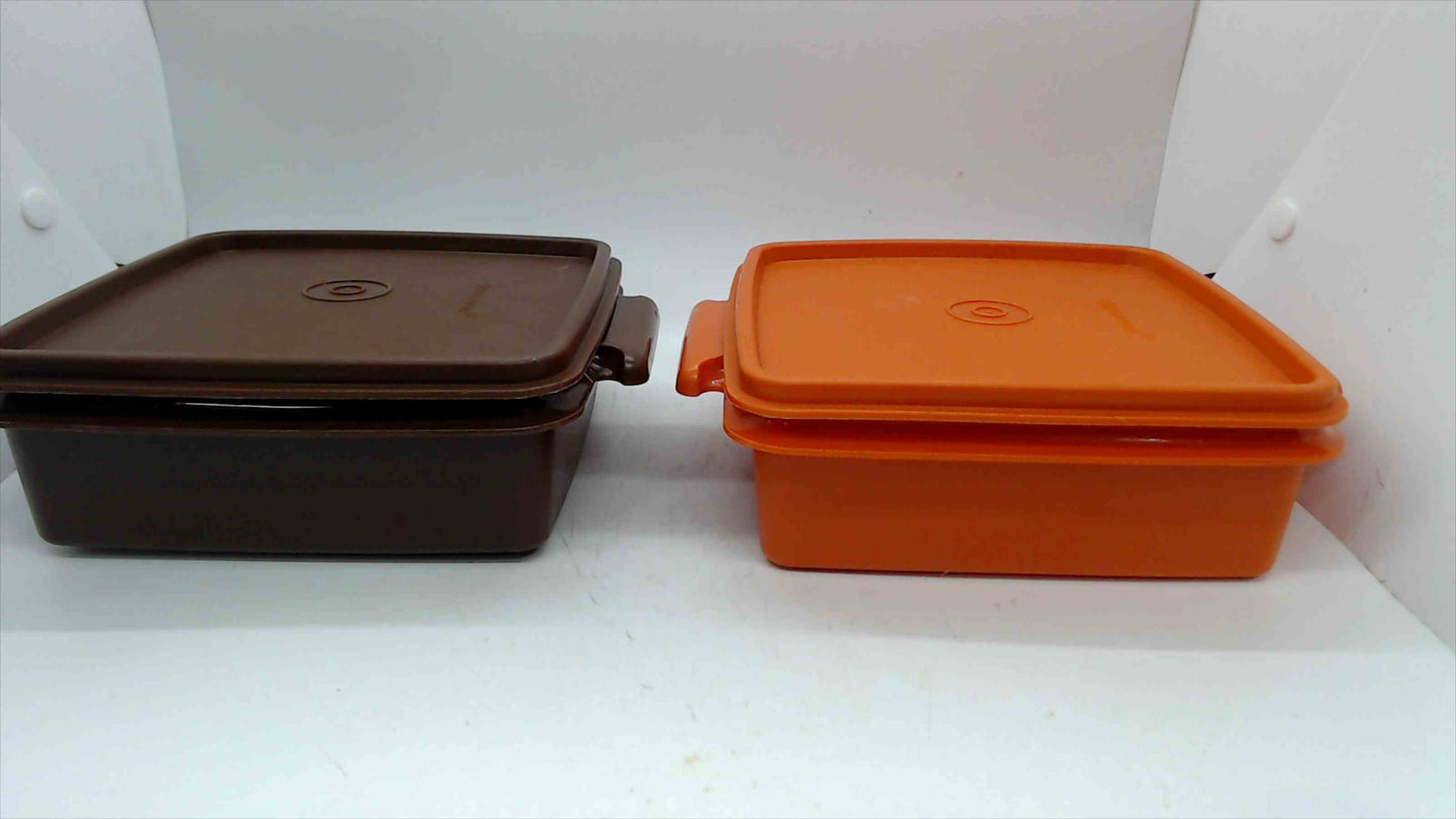 Vintage Tupperware Sandwich Keeper Lunch Containers with Lids — Set of 2, Brown & Orange