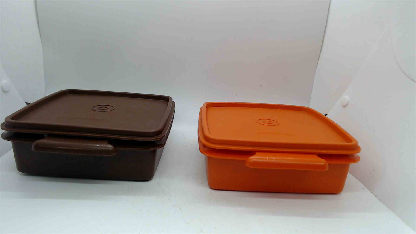 Vintage Tupperware Sandwich Keeper Lunch Containers with Lids — Set of 2, Brown & Orange