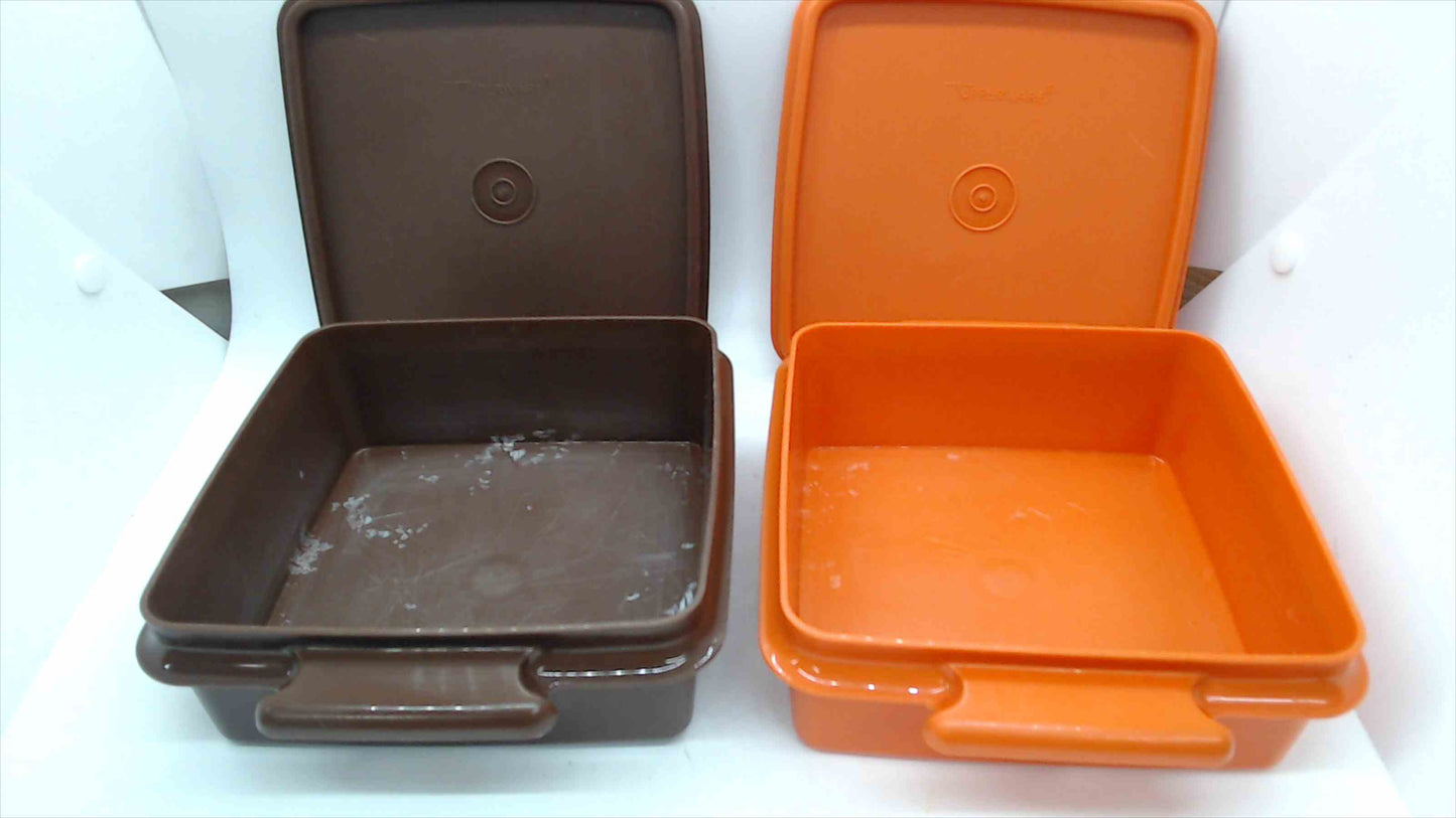Vintage Tupperware Sandwich Keeper Lunch Containers with Lids — Set of 2, Brown & Orange