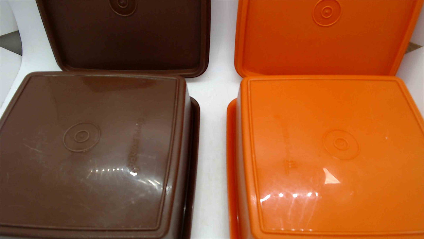 Vintage Tupperware Sandwich Keeper Lunch Containers with Lids — Set of 2, Brown & Orange