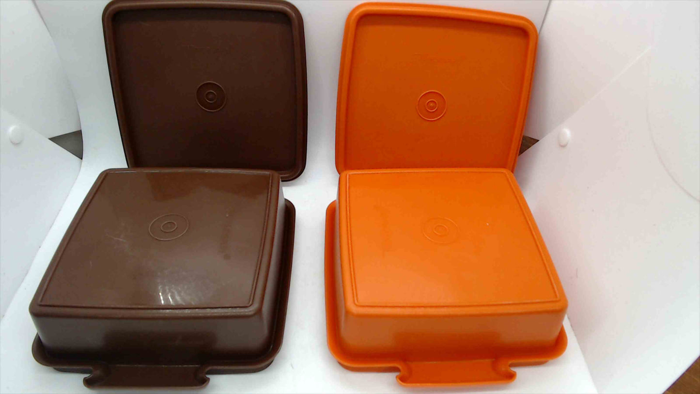 Vintage Tupperware Sandwich Keeper Lunch Containers with Lids — Set of 2, Brown & Orange