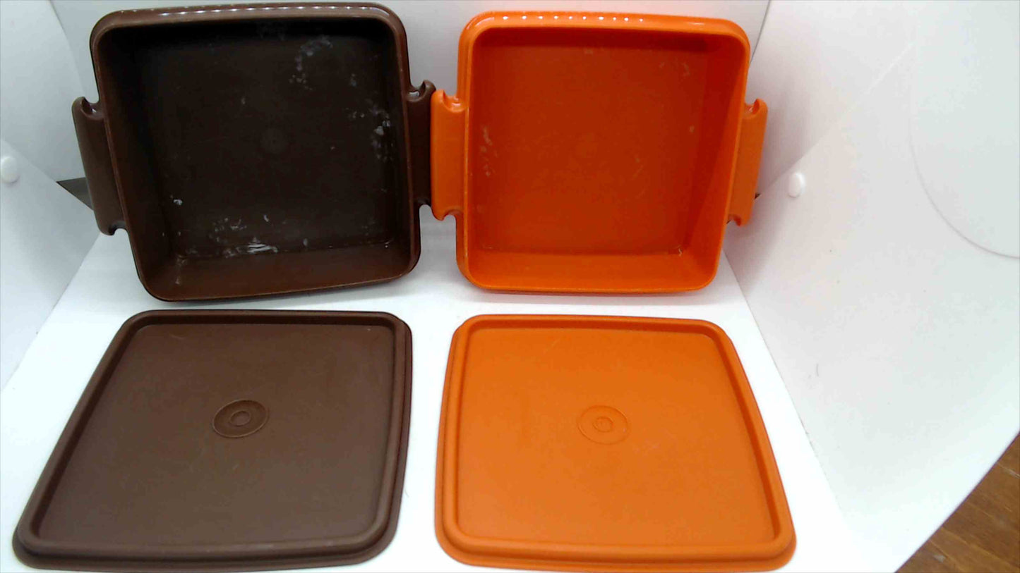 Vintage Tupperware Sandwich Keeper Lunch Containers with Lids — Set of 2, Brown & Orange