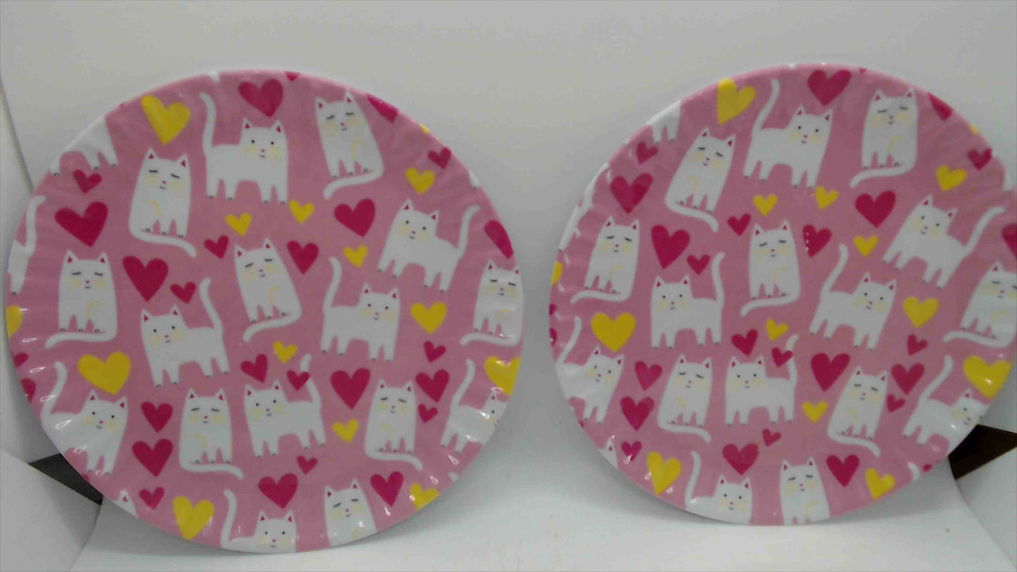 C&C California Home Melamine Plates White Cats & Hearts Pattern — Set of 2, 8" Pink