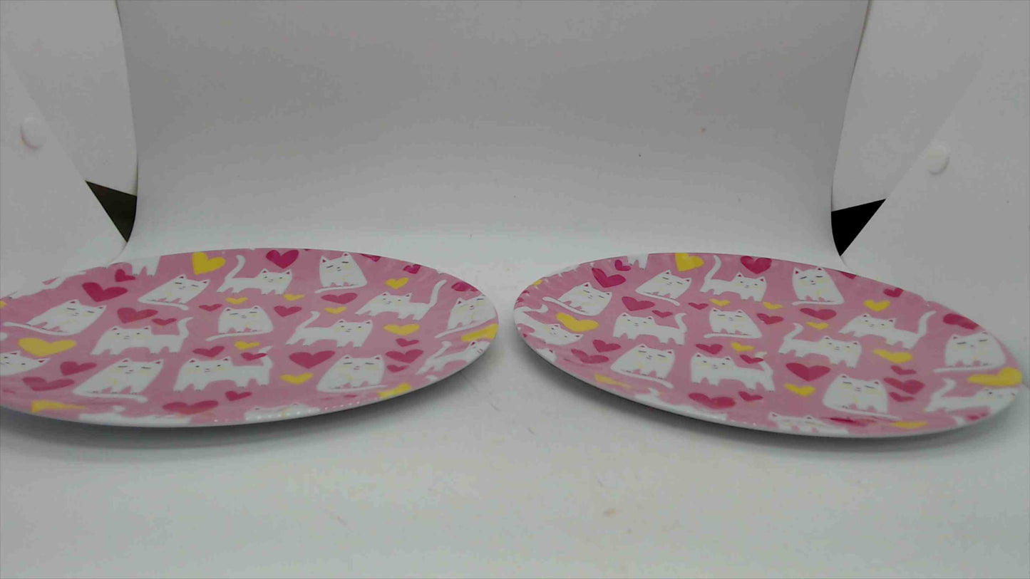C&C California Home Melamine Plates White Cats & Hearts Pattern — Set of 2, 8" Pink