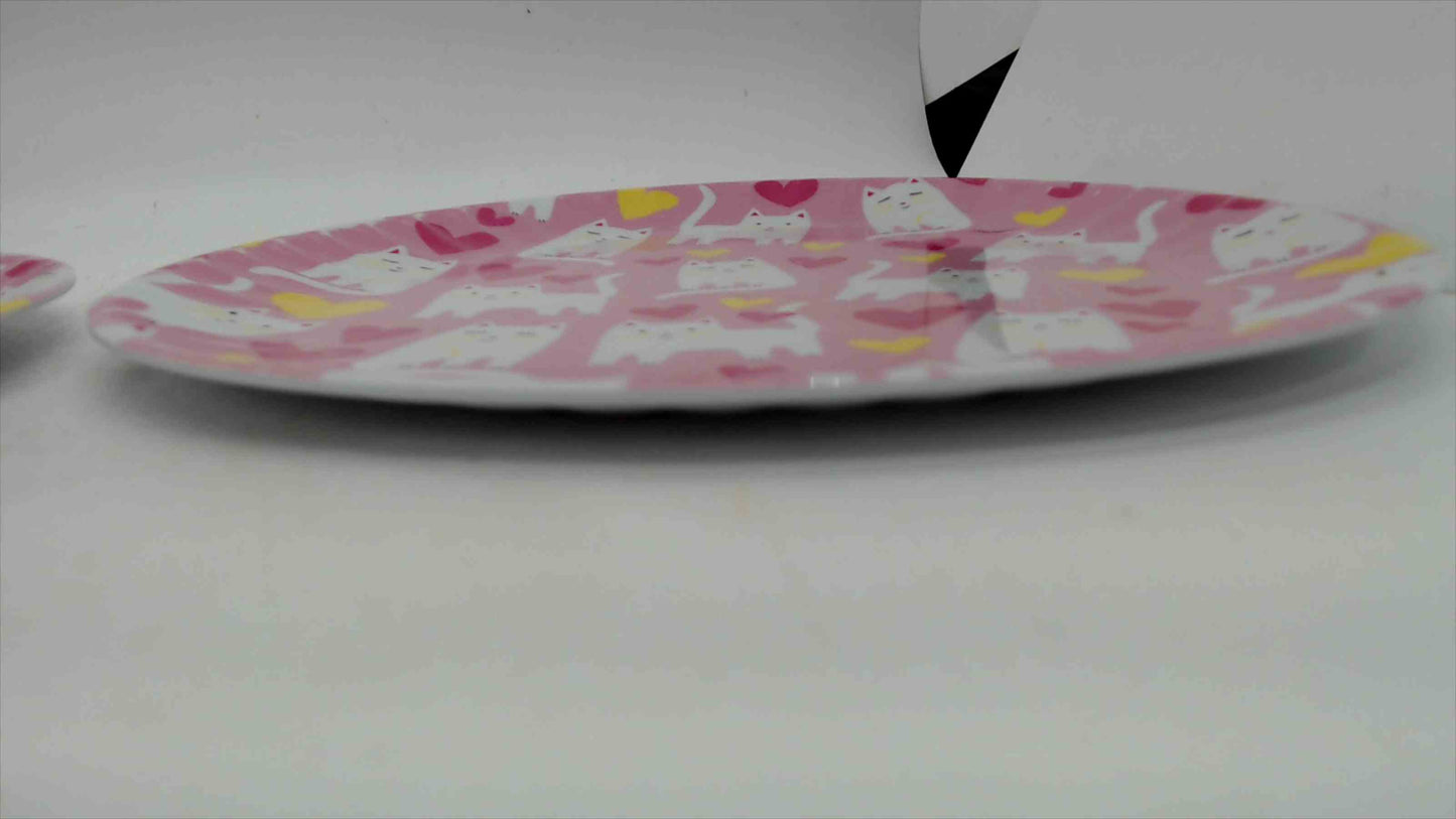 C&C California Home Melamine Plates White Cats & Hearts Pattern — Set of 2, 8" Pink