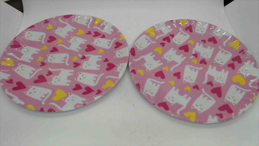 C&C California Home Melamine Plates White Cats & Hearts Pattern — Set of 2, 8" Pink