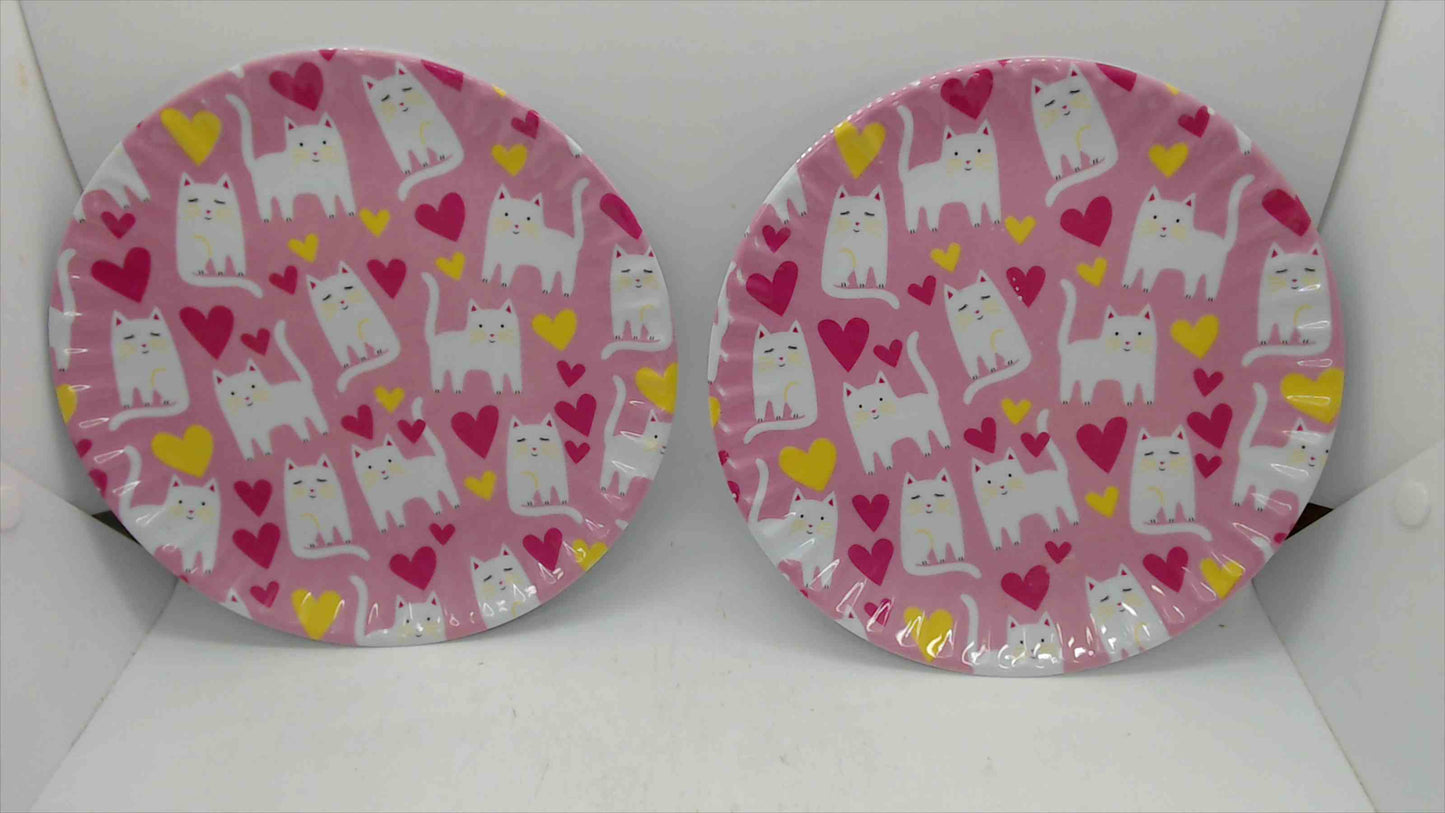 C&C California Home Melamine Plates White Cats & Hearts Pattern — Set of 2, 8" Pink