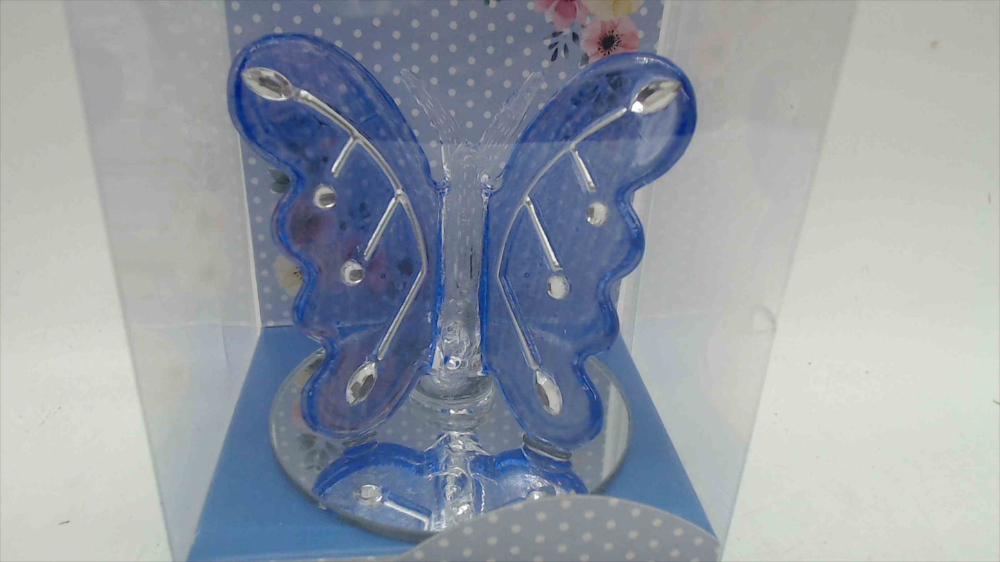 Interiors by Design Glass Butterfly Plaque Figurine — 2.5" Blue, Mirror Base, Original Box (SKU 2905462)