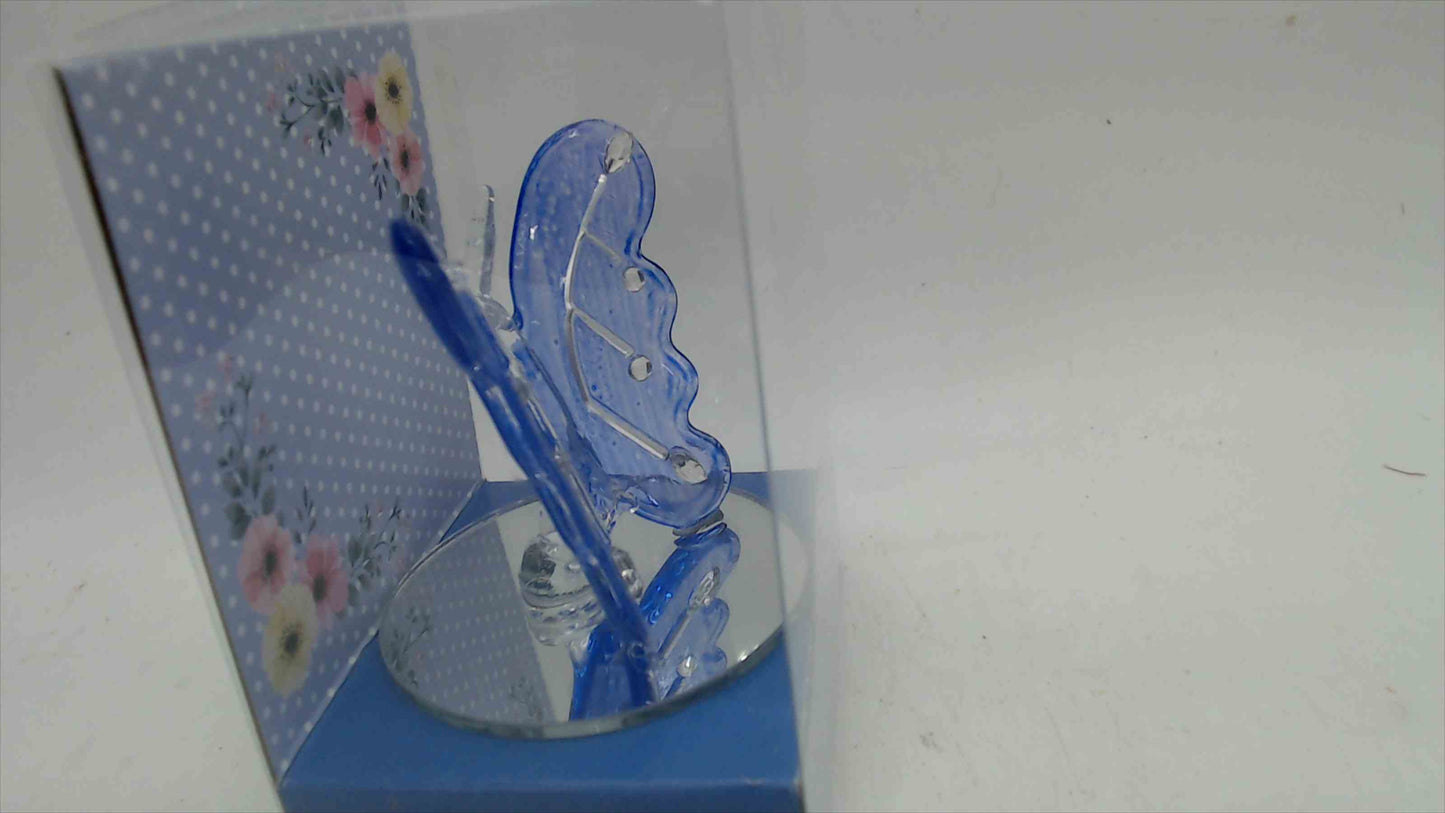 Interiors by Design Glass Butterfly Plaque Figurine — 2.5" Blue, Mirror Base, Original Box (SKU 2905462)