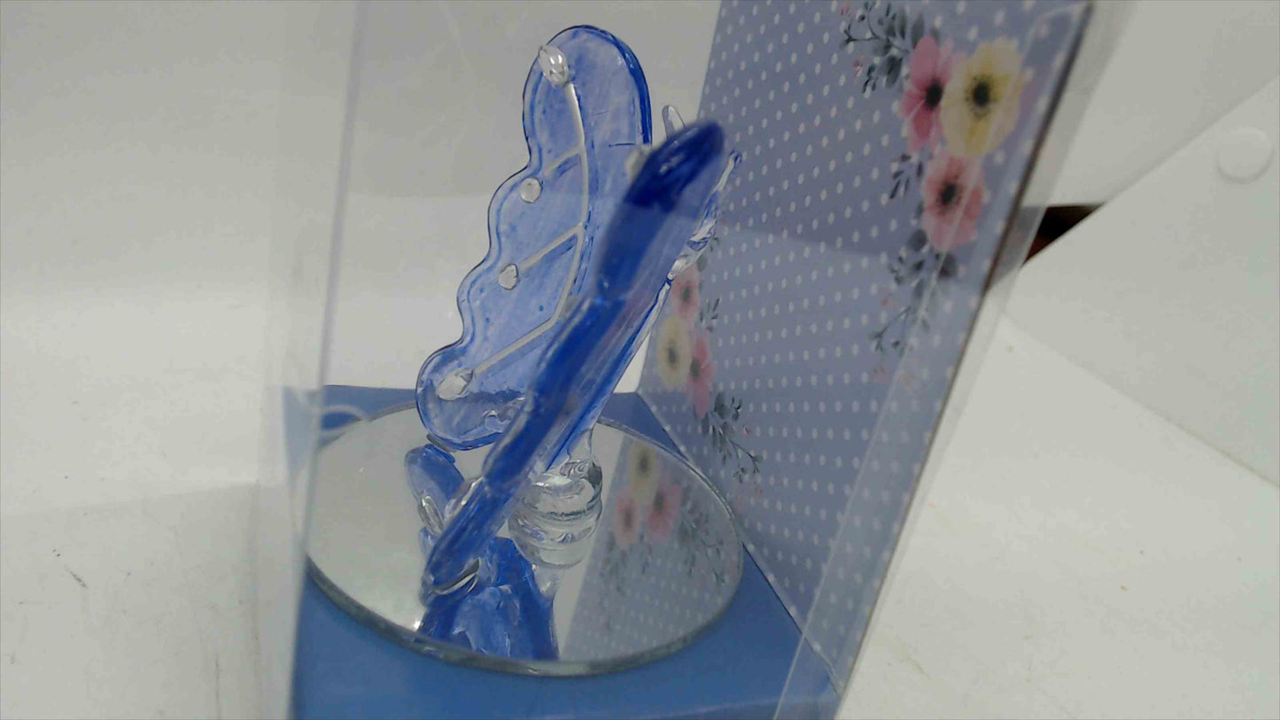 Interiors by Design Glass Butterfly Plaque Figurine — 2.5" Blue, Mirror Base, Original Box (SKU 2905462)
