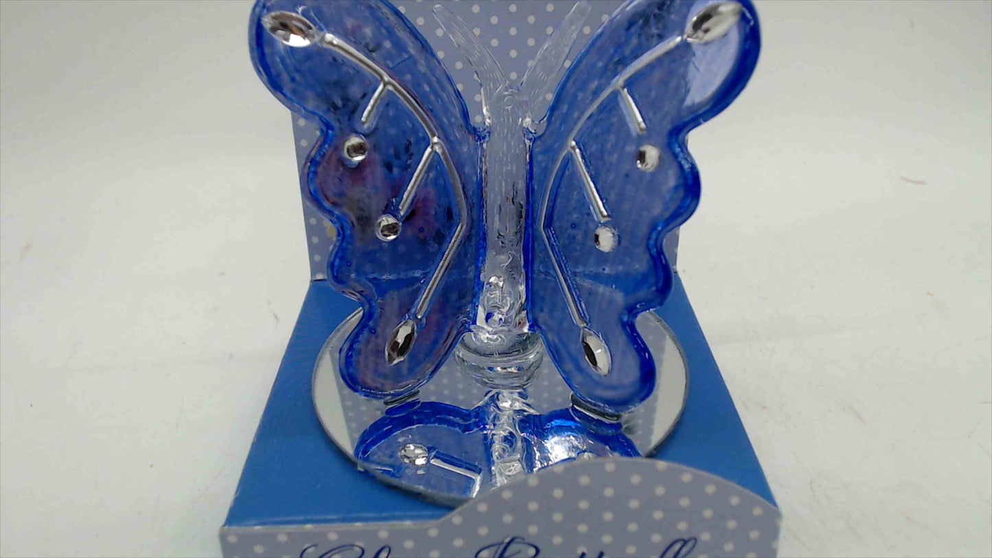 Interiors by Design Glass Butterfly Plaque Figurine — 2.5" Blue, Mirror Base, Original Box (SKU 2905462)