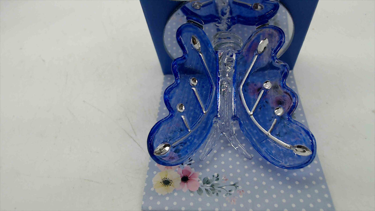 Interiors by Design Glass Butterfly Plaque Figurine — 2.5" Blue, Mirror Base, Original Box (SKU 2905462)