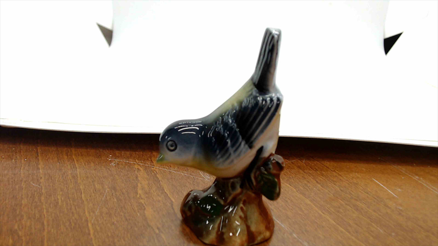 Vintage Ceramic Bluebird Figurine on Branch Base — 3" Tall, Mid-Century Style