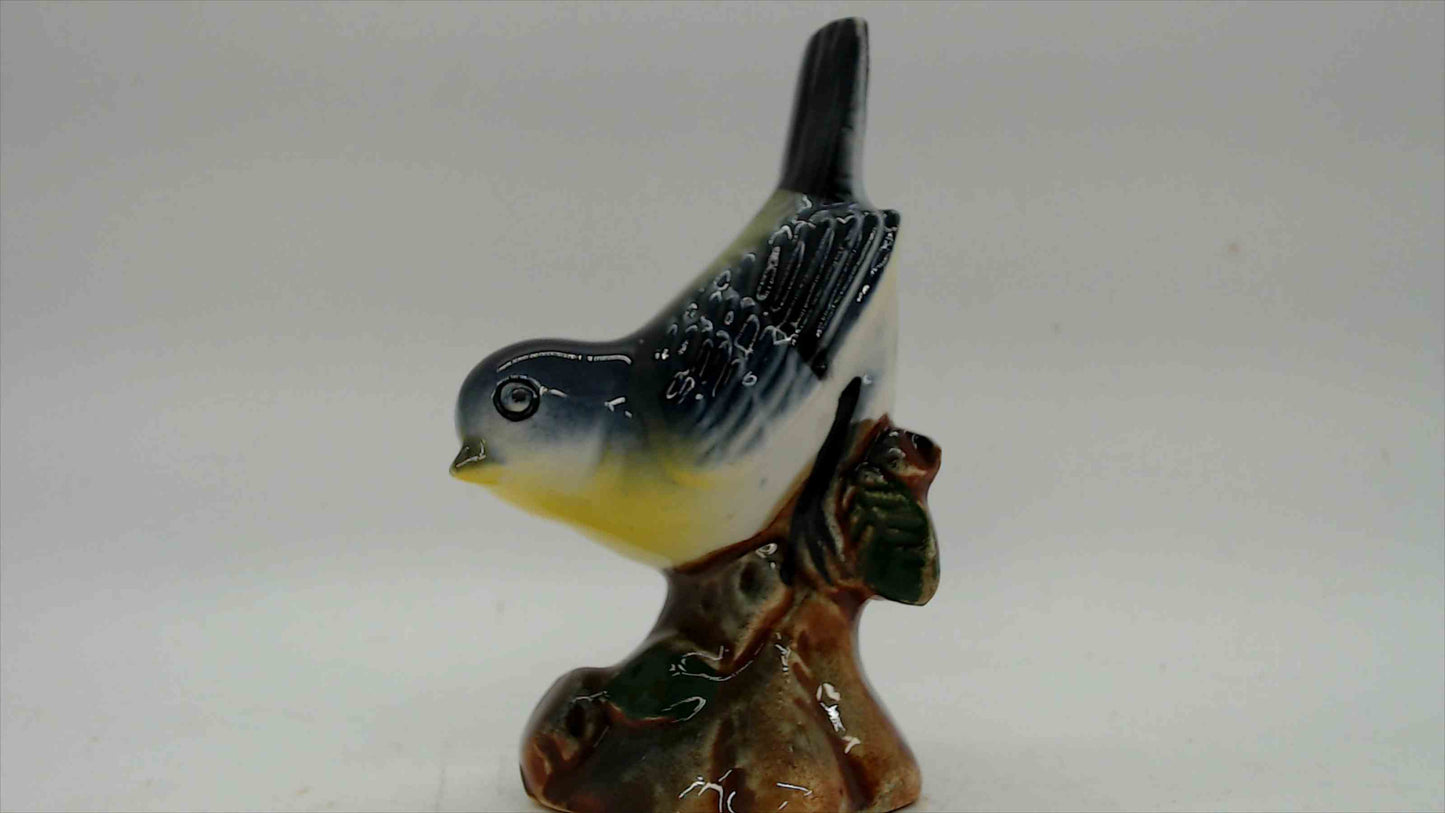 Vintage Ceramic Bluebird Figurine on Branch Base — 3" Tall, Mid-Century Style
