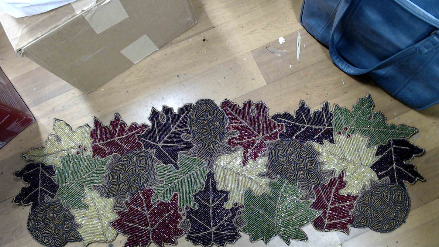 Beaded Autumn Leaves & Acorns Table Runner — Fall Harvest Décor, Glass Seed Bead, 36" x 13"